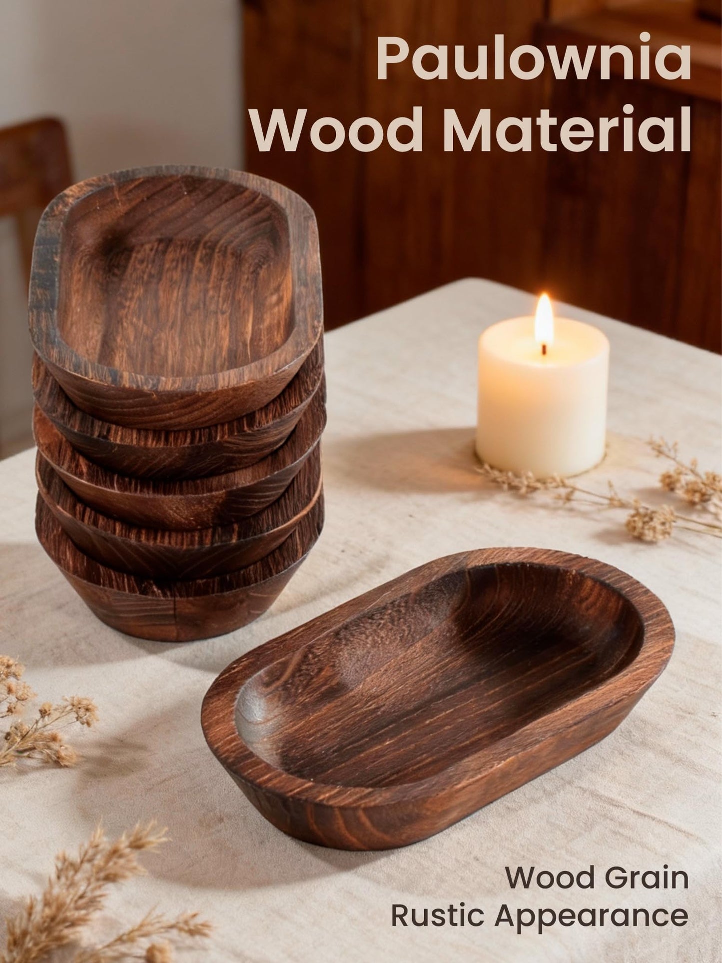 Duseu 6 PCS Wooden Dough Bowls for Candle Making, 9.45 x 5.5 x 1.57 inch Rustic Dough Bowls Bulk for DIY Crafts Farmhouse Supplies Decoration, Brown