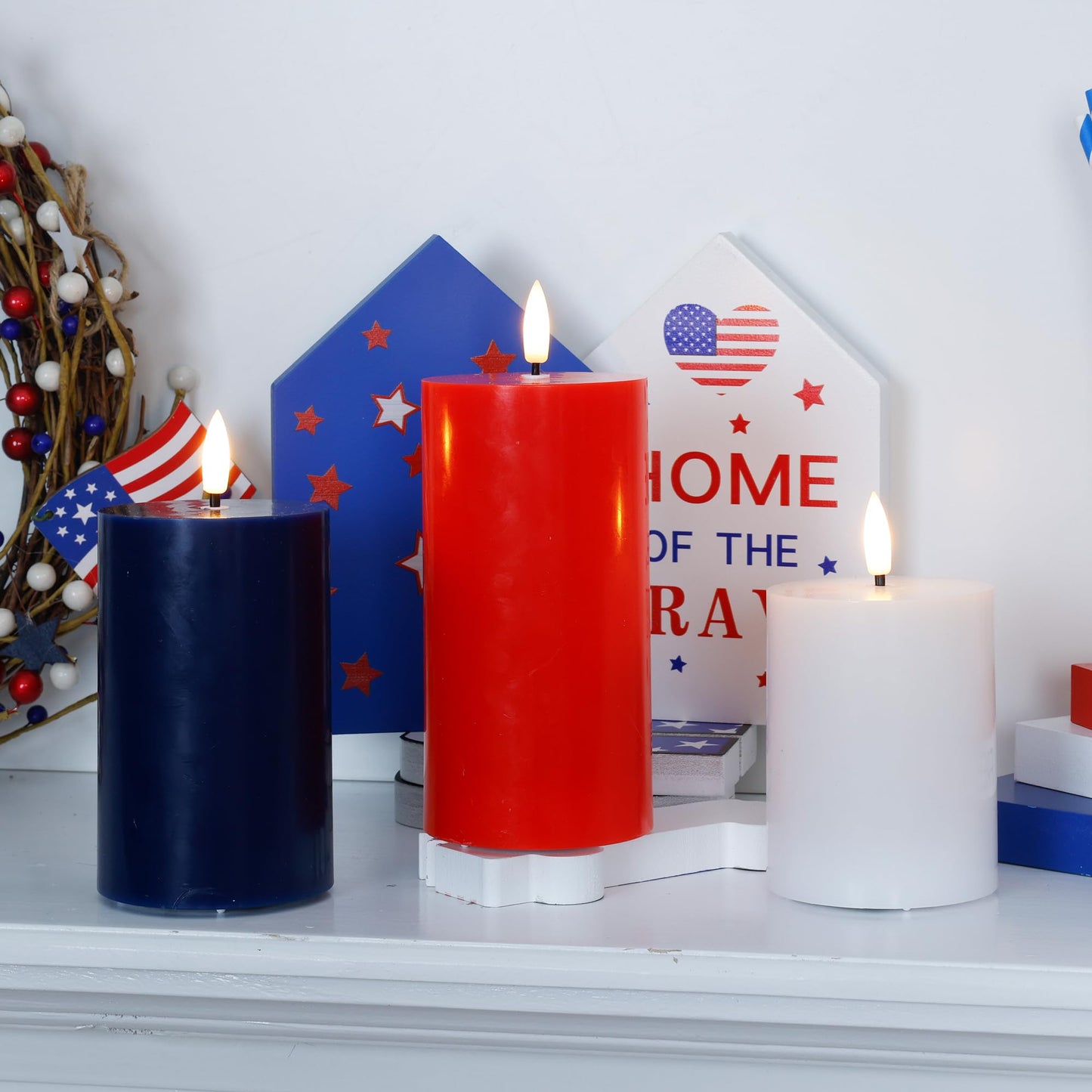 JOIONE 4th of July Red White and Blue Flameless Pillar Candles with Remote, 3 Pack Patriotic Battery Operated Real Wax LED Candles, Perfect for Independence Day Home Decorations Fireplace Table