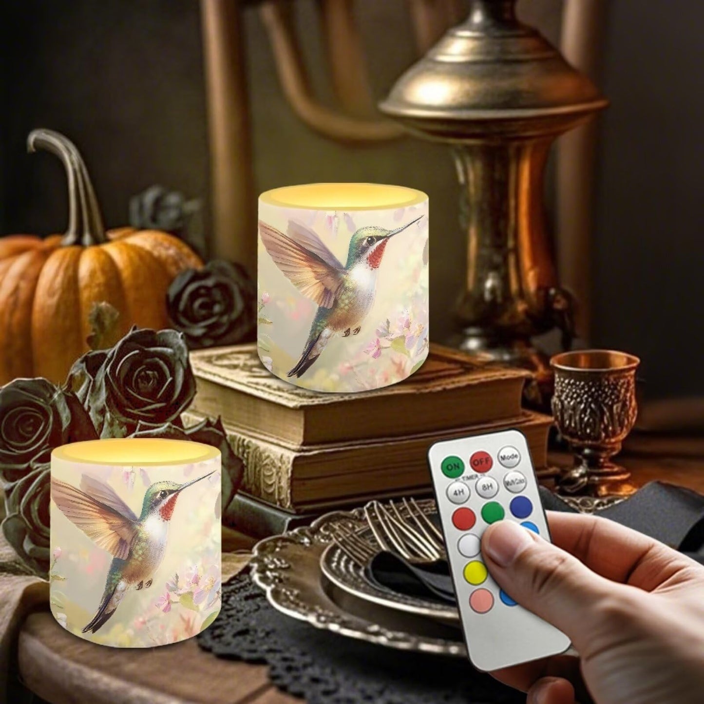 Cozeyat Hummingbird Flameless Candles 4 Pack Battery Operated with Remote Control Timer LED Pillar Candles Waterproof for Indoor Outdoor