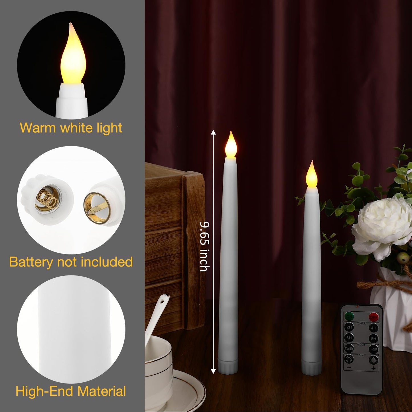 Tuanse 24 Pack Flameless Flicker Taper Candles Bulk with Remote and Timer, Battery Operated LED Warm White Taper Candles Light for Home Wedding Decoration Gifts (White,10 Inch)