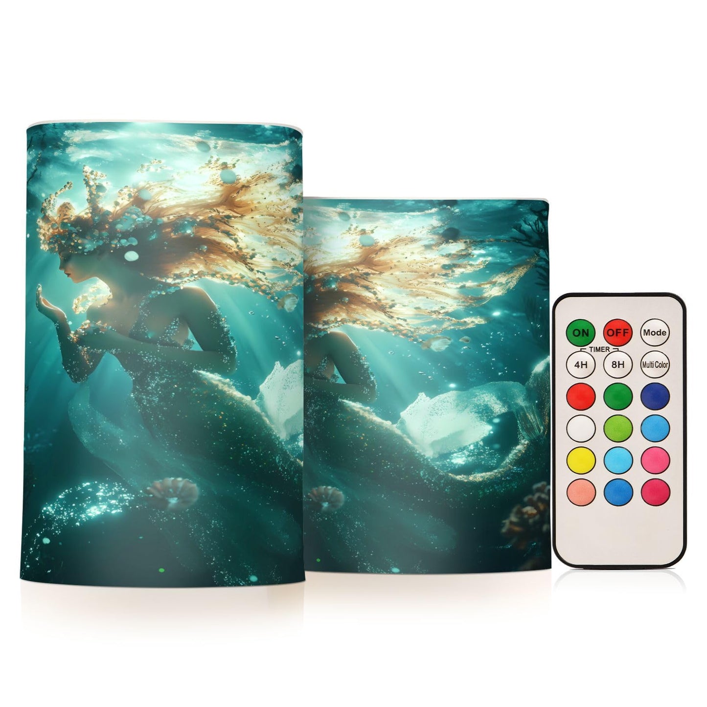 panksolu Flickering Flameless Candles, Underwater Mermaid LED Candles with Remote Timer, Battery Operated Candle for Valentine Wedding Halloween Christmas Decor - Set of 2