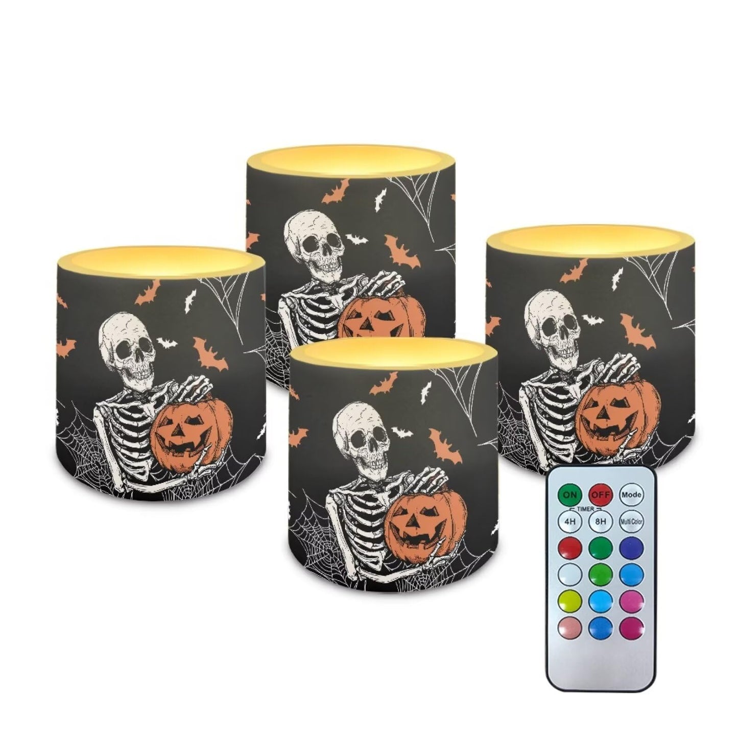 Merkmak Halloween Pumpkin Skeleton Flickering Flameless Candles with Remote Battery Operated Candles with Timer Control LED Pillar Tea Lights for Indoor Outdoor Banquet Party Home Decorations