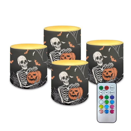 Merkmak Halloween Pumpkin Skeleton Flickering Flameless Candles with Remote Battery Operated Candles with Timer Control LED Pillar Tea Lights for Indoor Outdoor Banquet Party Home Decorations