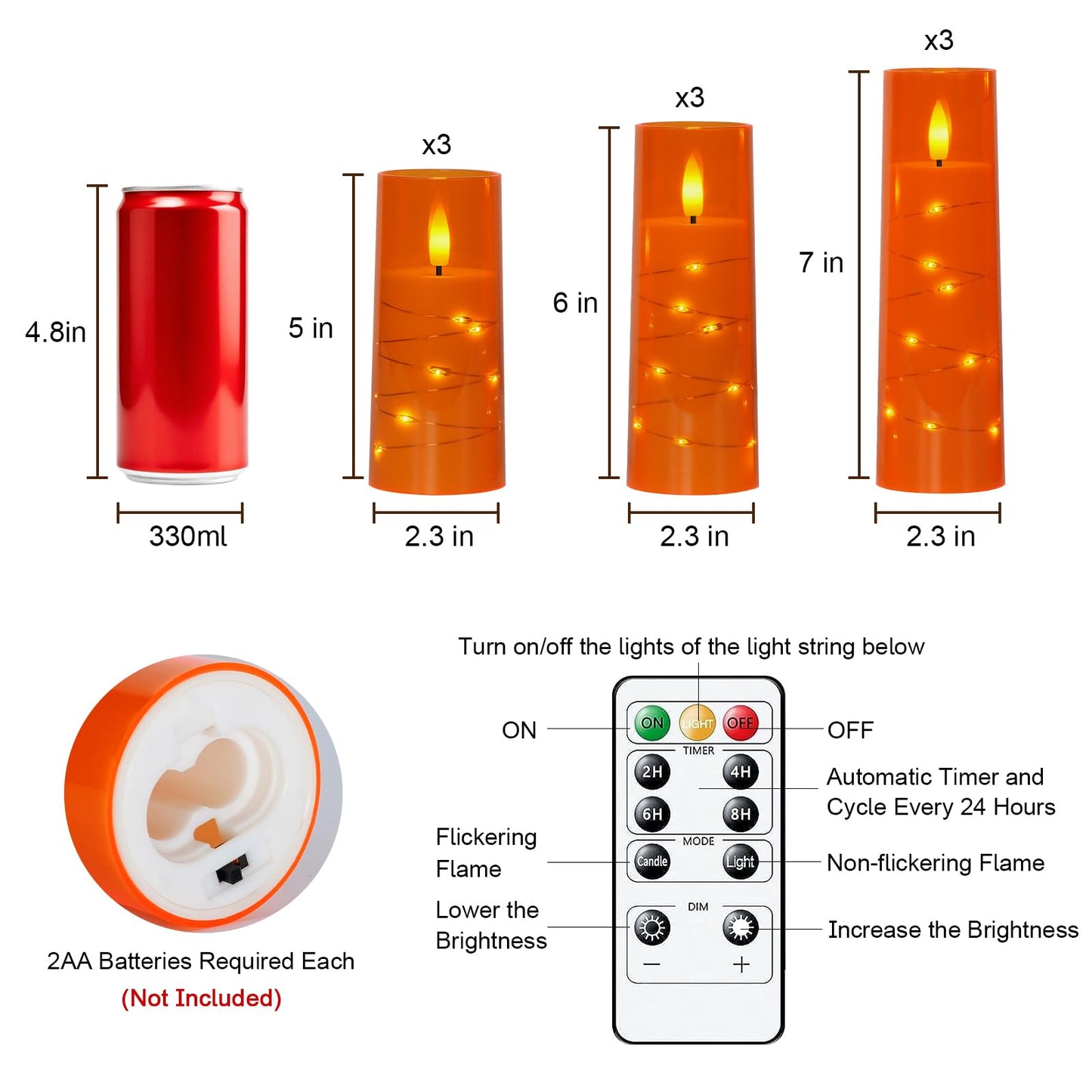 Raycare Flameless Candle with Remote Timer – 9 Flickering Acrylic Battery Operated LED Pillar Candles with Embedded Star String for Halloween, Home Decor, and as a Gift (Orange)