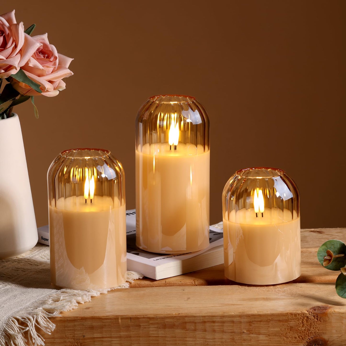 Girimax Gold Glass Flameless Candles with Remote, Real Wax Flickering Battery LED Pillar Candles Set of 3