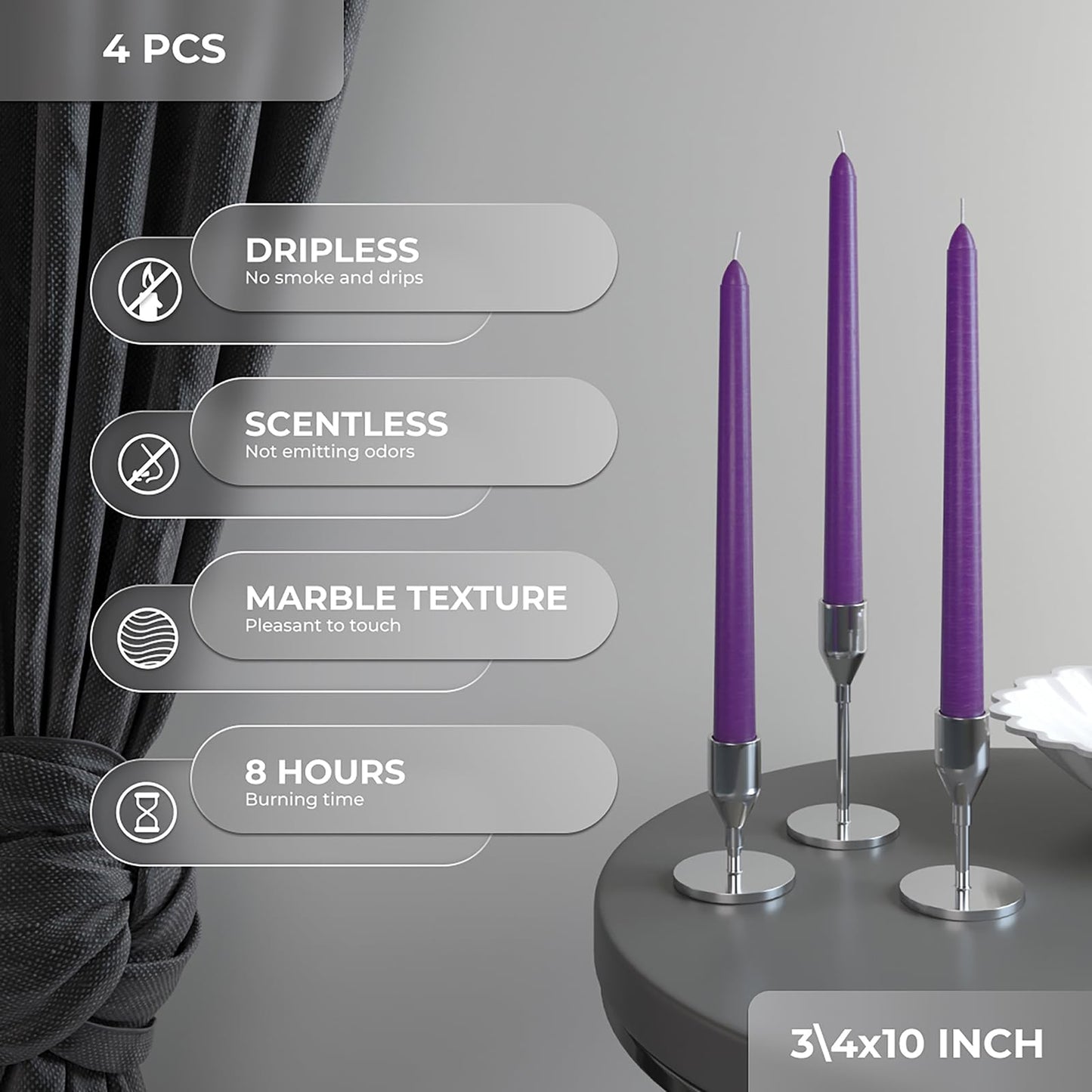 CANDWAX Purple 10 inch Taper Candles Pack of 4 - Unscented Smokeless Dripless Long Burning Christmas Candlesticks - Perfect as Christmas Candle Sticks for Home Decor - Purple Taper Candles