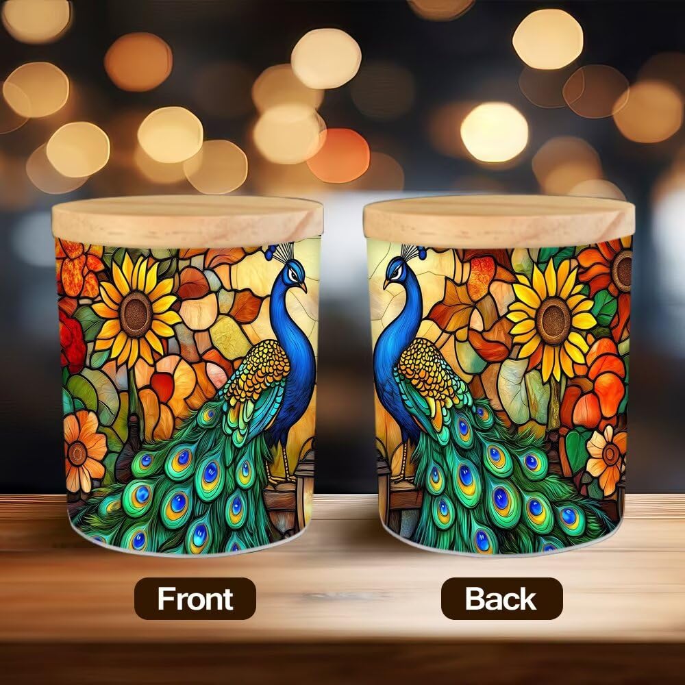 Stained Glass Peacock Tea Light Candle Holders, Thanksgiving Day Tealight Candle Holder Jar with Wooden Lid, Pumpkins Votive Candlesticks for Table Centerpieces, Christmas,Birthday Party