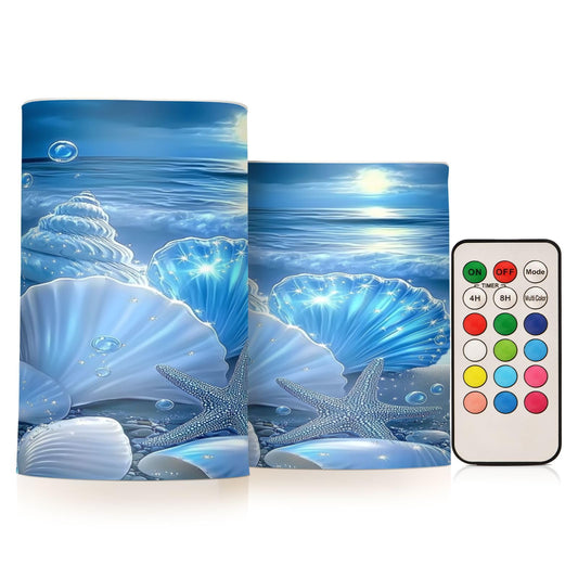 Glowing Blue Sea Conch Shells Star Flickering Flameless Candles LED Battery Operated with Remote Timer Pillar Candles for Home Birthday Wedding Christmas Decor, Set of 2