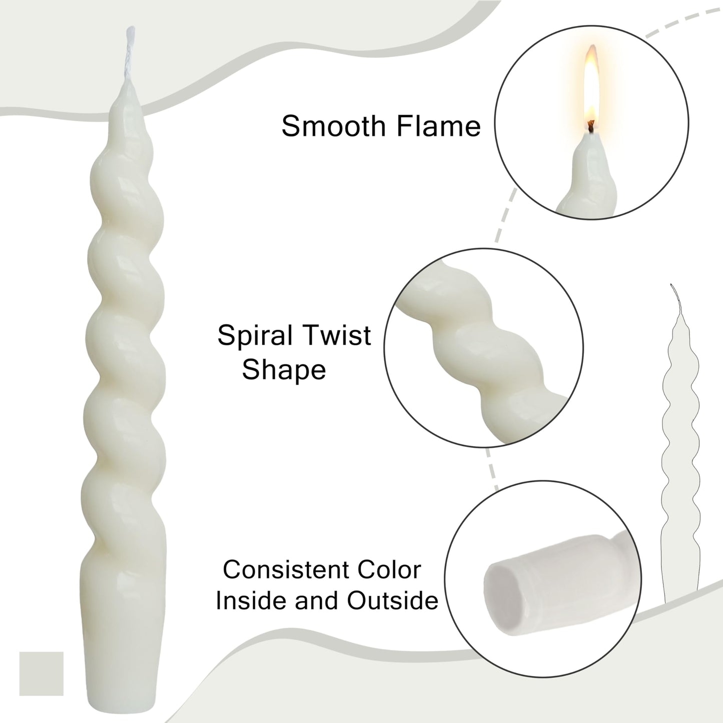 White Candle 7.5 Inch Spiral Twisted Taper Candle Hand Poured Unscented Smokeless Clean Burning White Spiral Candle for Mother's Day Wedding Dinner Morning Coffee Ritual Breakfast Table Everyday