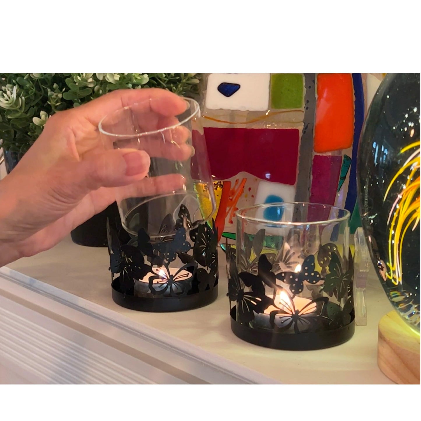Lily’s Home Cutout Shadow Box Votive Tea Light Hurricane Glass Candle Holders, Centerpiece Lighting for Weddings, Entertaining and Home Decor, Flowers Garden Design, Black, Set of Two