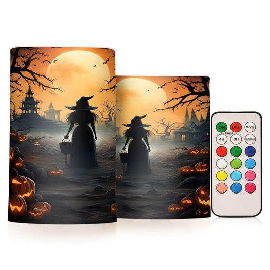 ALAZA Halloween Pumpkins Witch Flickering Flameless Candles Battery Operated with Remote Timer,Tea Light Candles LED Pillar Votive Candles Set of 2 for Outdoor Indoor Decorations