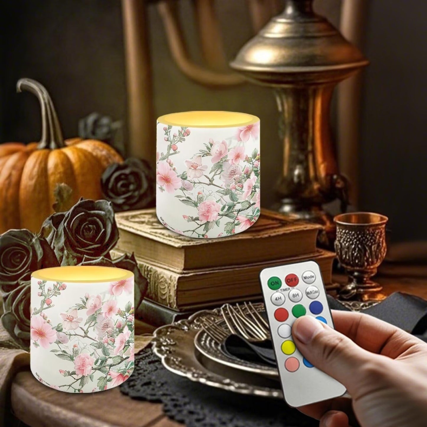 NETILGEN Flickering Flameless Candles with Remote Timer Control Pack of 4 Battery Operated LED Pillar Candles 3 inch Flameless LED Candles Pink Flowers Print