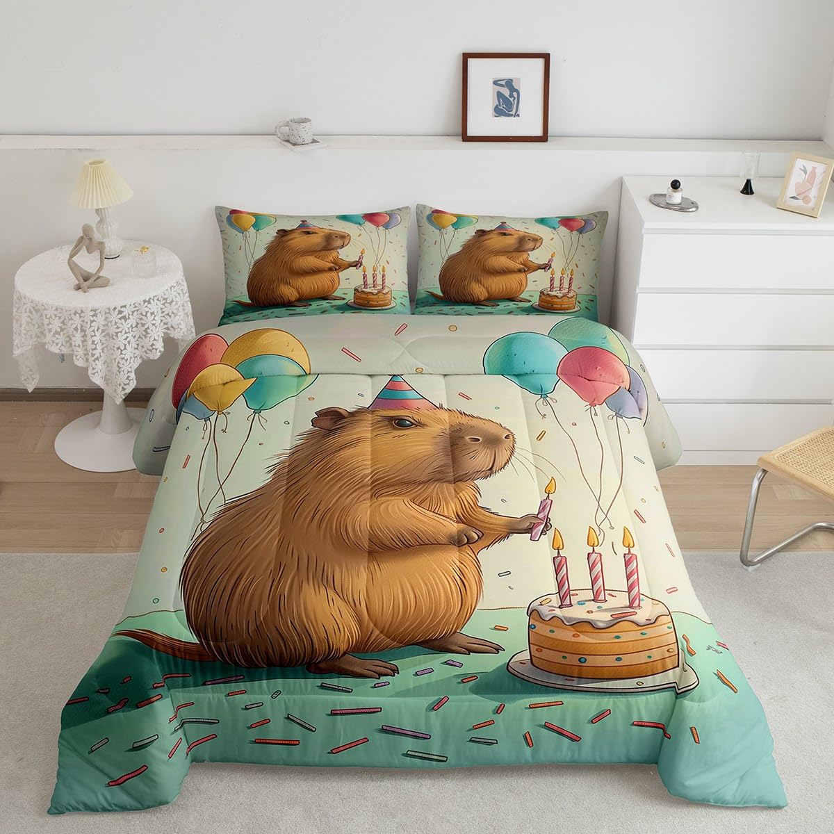 Erosebridal Cute Beaver Toddler Size Bedding Set for Kids, Wild Animal Comforter Set for Bedroom, Wildlife Down Comforter, Happy Birthday Cake Candle Balloon Duvet Insert