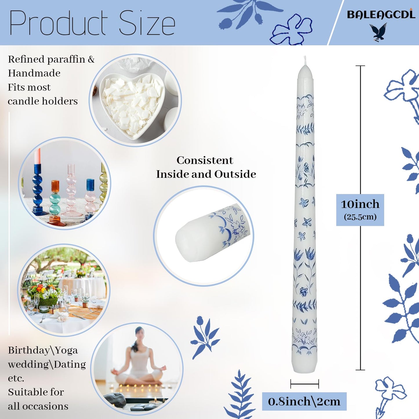 Chinoiserie Printed Taper Candle White with Blue Pastoral Floral Candlesticks 10 Inch Drip Handmade Long Tapered Candles, Set of 2 for Wedding & Home Decor Gifts