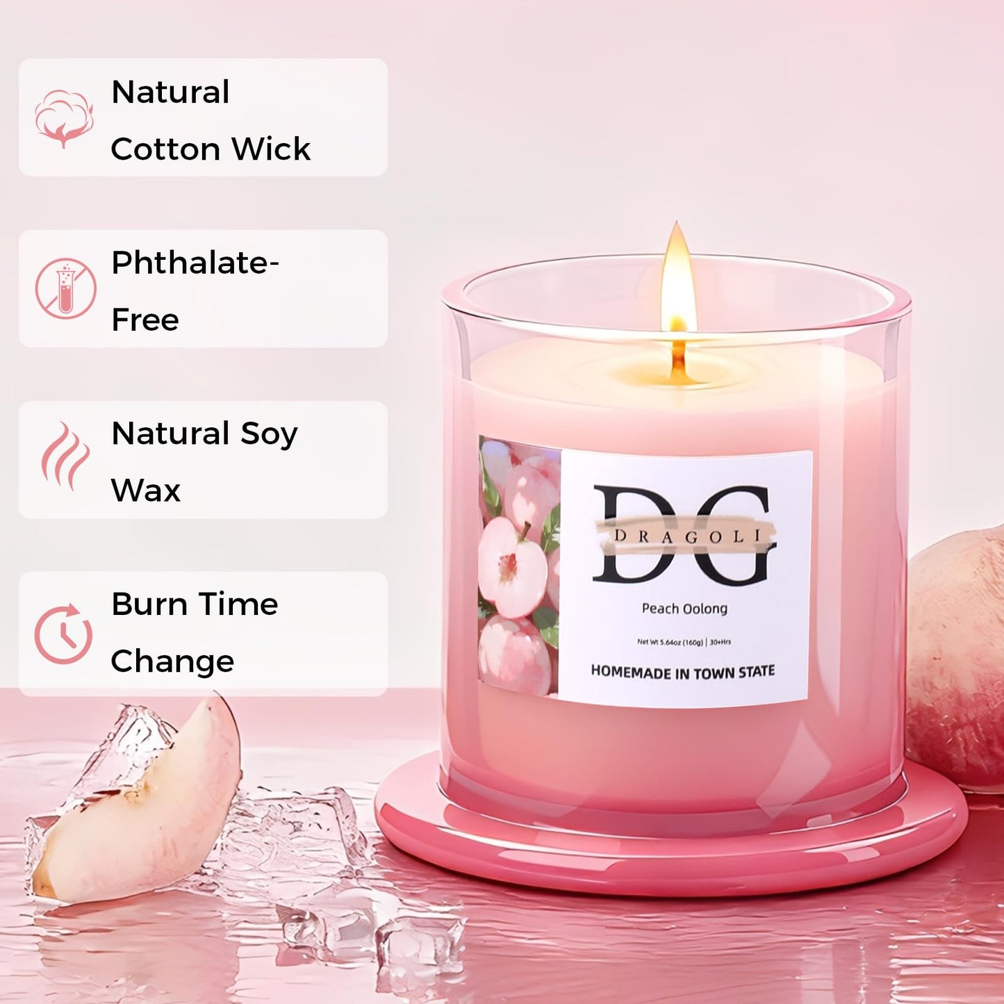 DG DRAGOLI White Peach Oolong Scented Candle – Natural Soy Wax, 30+ Hours Long-Lasting Aromatherapy for Home