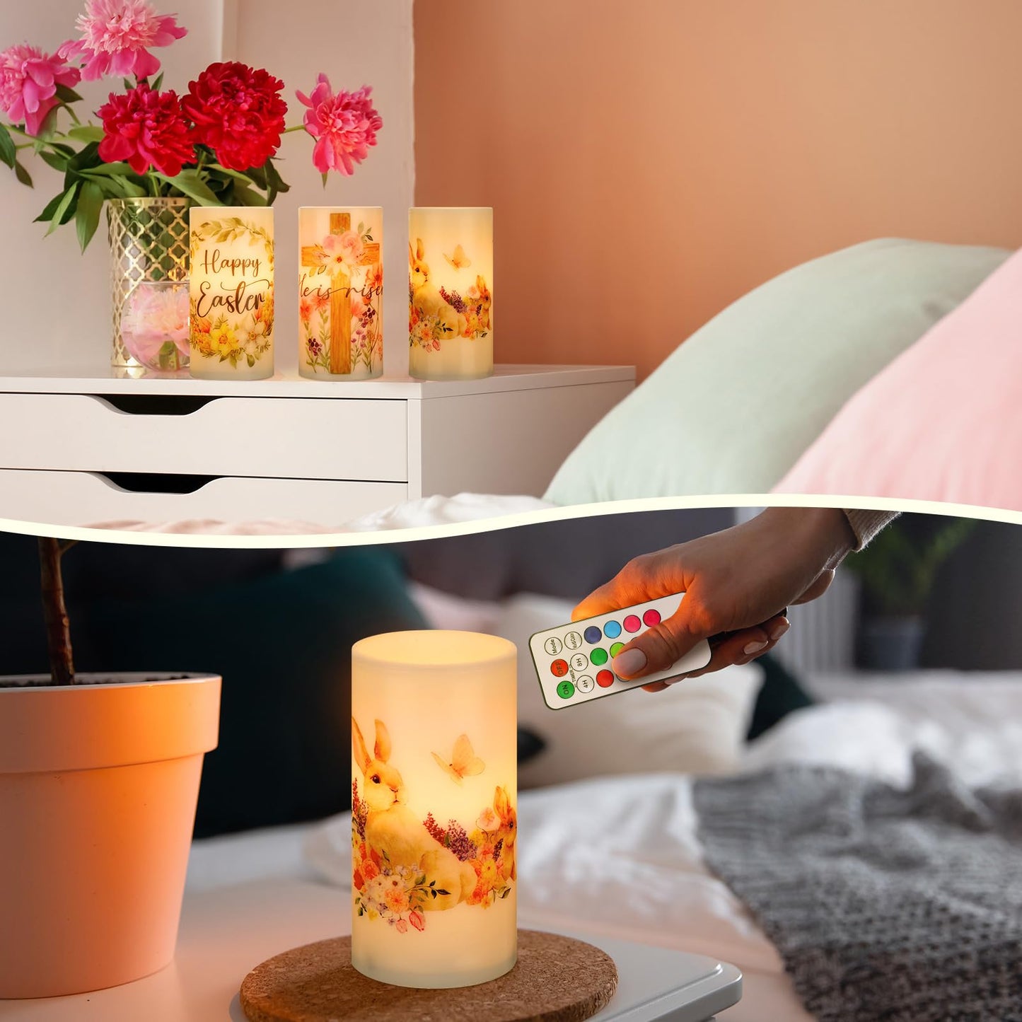 Retisee 3 Pcs Easter Flameless LED Candles Battery Operated Bunny Flower Spring Flickering Pillar Candles with Remote Rabbit Happy Easter Centerpiece for Bedroom Living Room Dinner Table Decoration