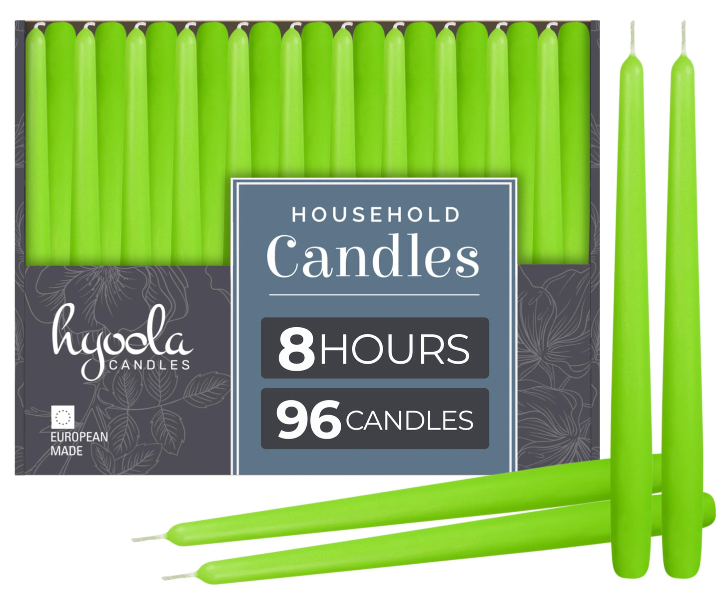 Hyoola Tall Taper Candles Bulk - 10 Inch Lime Green Unscented Dripless Taper Candles - 8 Hour Burn Time - 96 Pack