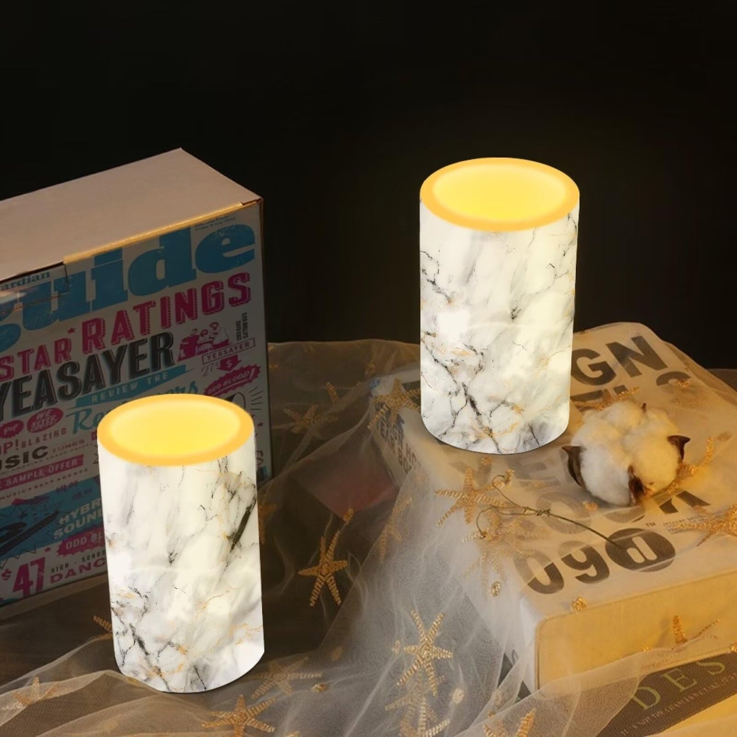NETILGEN Flameless Candles LED Candles Electric Pillar Candles with Remote Timer Control Long Lasting for Indoor Outdoor Table Centerpiece Home Decoration Set of 2, White Grey Marble