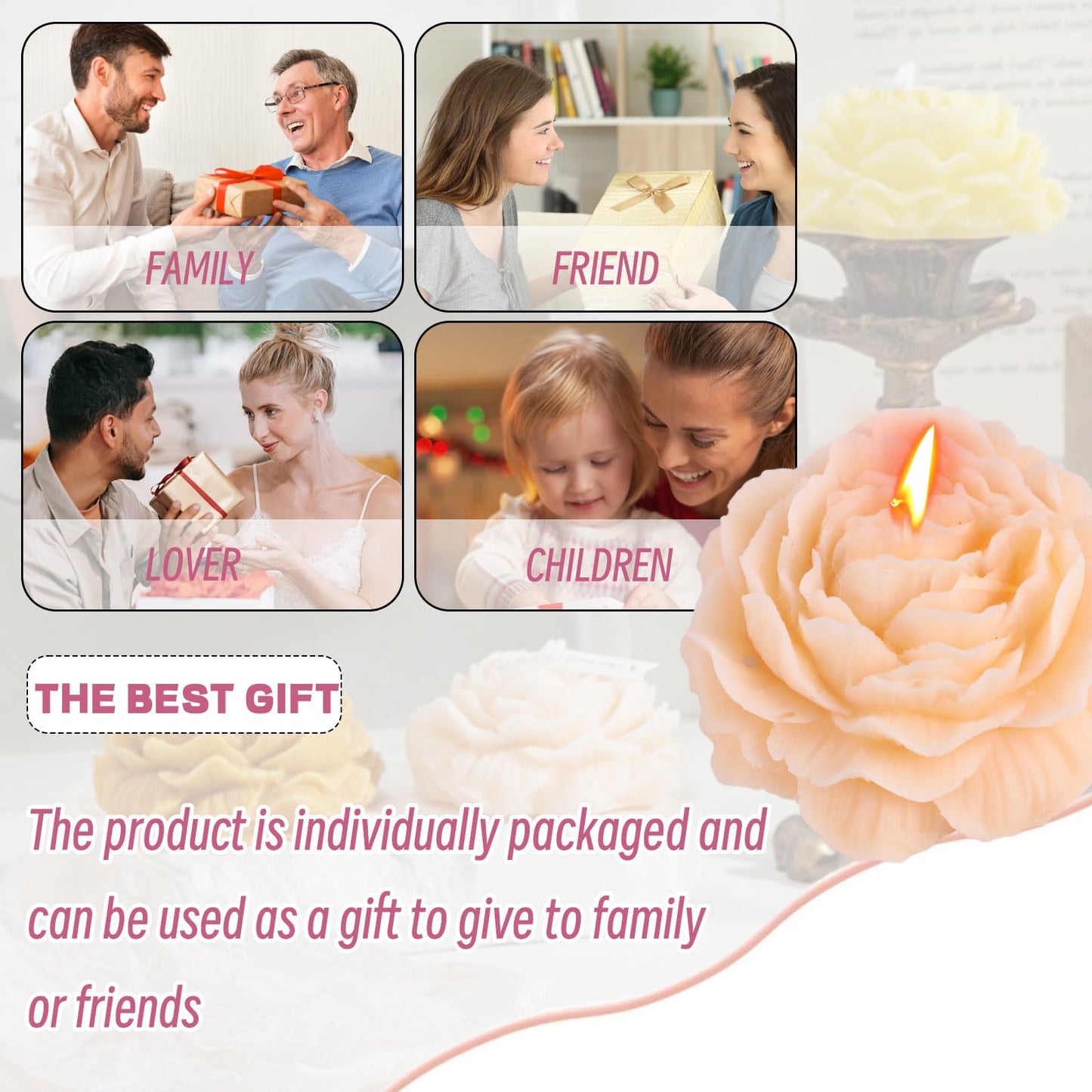 Peony Flower Shape Candles 1 Pack Soy Wax Decorative Candle for Bedroom Home Scented Candle Gift to Friends Family (Champagne)