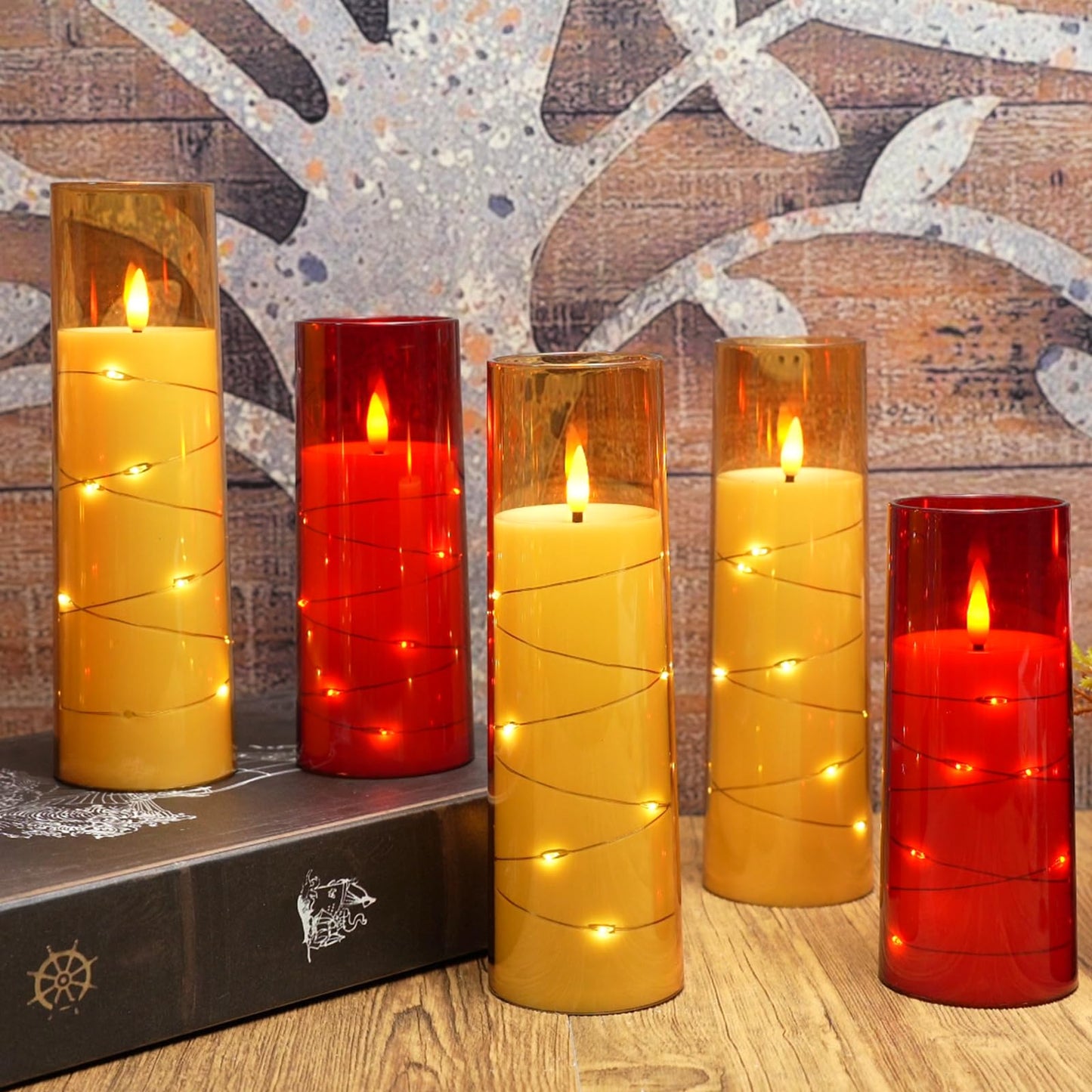 Eebuss Flameless Candles with Embedded Star String, Battery Operated LED Pillar Candles with Timer and Remote Control,Home Decorating for Ambiance， Set of 7 (Red)