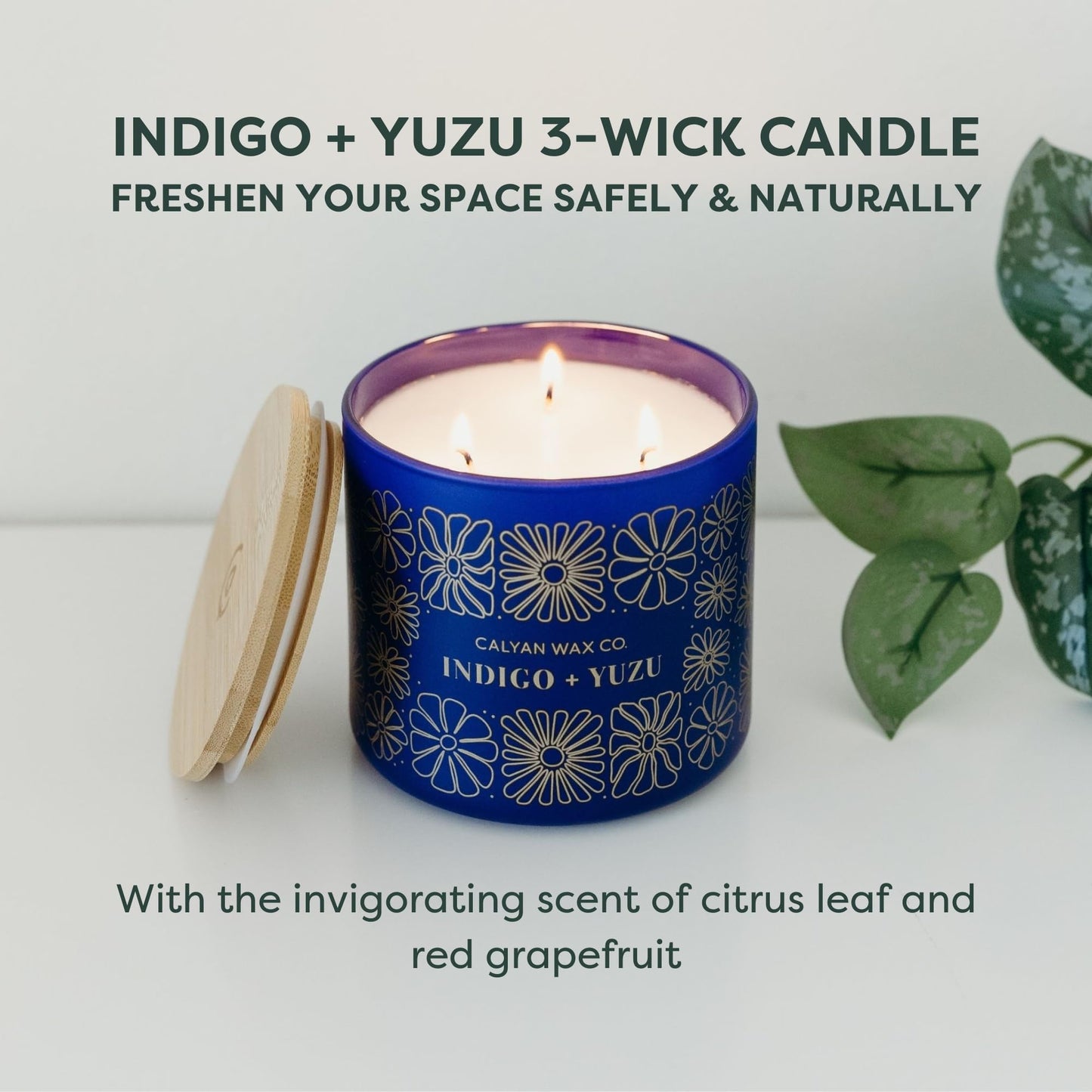 Calyan Wax Co. Indigo & Yuzu 3 Wick Scented Candle - 43 Hour Burn - Luxury 3 Wick Soy Candles - Clean Soy Wax Candles - Long Lasting Large Glass Jar Candle for Home - 14.9oz
