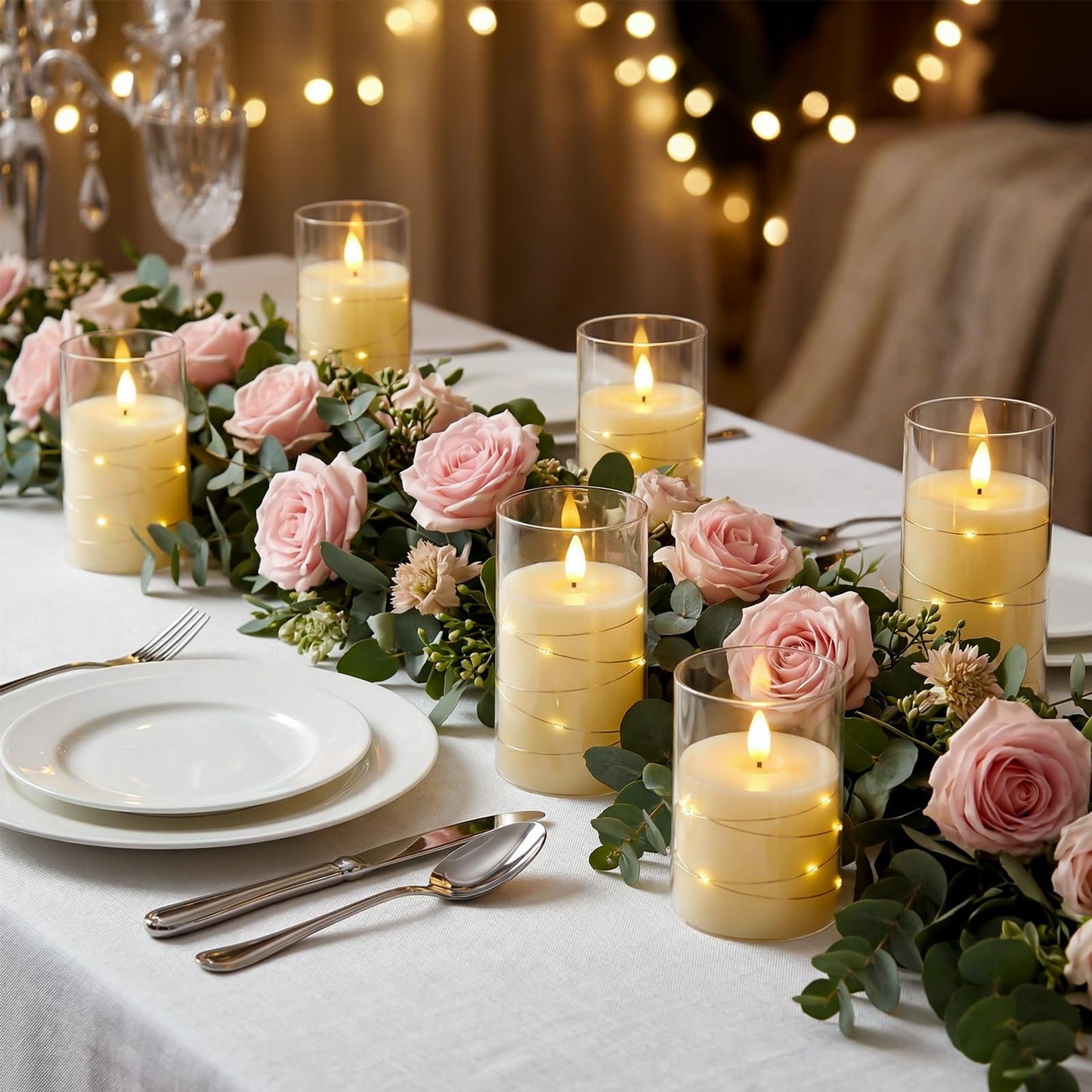 Amagic LED Flameless Candles, Battery Operated Candles with Embedded Fairy Lights, Acrylic Fake Candles with Remote and Timer for Wedding Home Decor, Ivory White, Set of 6, D3 x H4 5" 6"