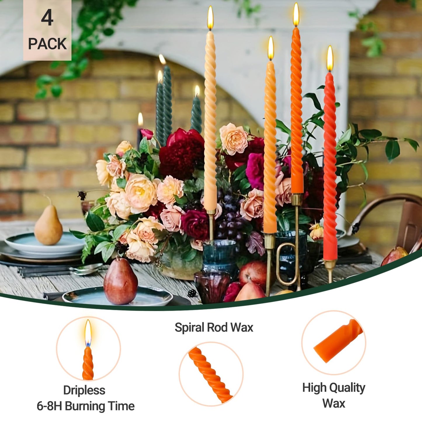 4 Pack Red-Gradient and 4 Pack Orange-Gradient Spiral Taper Candles, 10 Inch Candlesticks for Dinner Party Wedding Holiday
