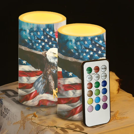 Luarisgur Eagle American Flag Flameless Candles 2 Pack 6 x 3 inch Battery Operated Candles with Multicolor Timer Remote Control LED Fake Candles for Warm Light Dinner Table Home Decor