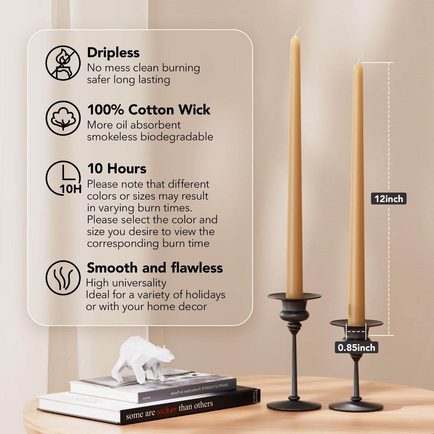 Pickood 12-Inch Tall Dripless Taper Candles Set of 4 - Beige Tapered Candles, Perfect for Christmas - Smokeless, Unscented, Long Burning - Hand Poured, Colored Tall Candlesticks - Beige