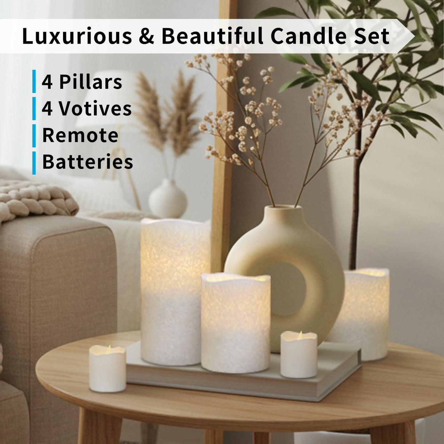 FURORA LIGHTING White Crystallized Flameless Candles - Real Wax, Adjustable Brightness, Remote & Timer - 4 Pillars (3x4, 3x6) and 4 Votives, 8-Pack, Battery Operated