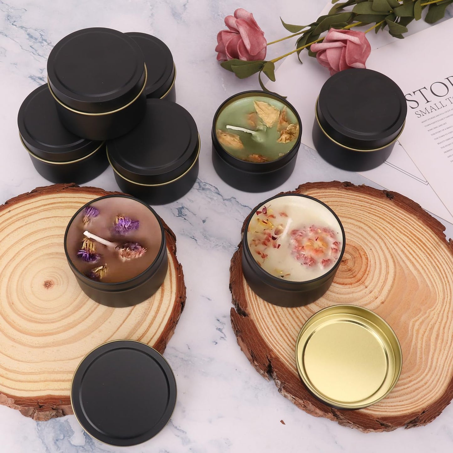 Biugaaufai 72 Pack 4 oz Black Metal Candle Tins with Lids, Round Bulk Metal Candle Jar, Matte Finish, Round 4 oz Candle Tins for DIY Candle Making and Storage