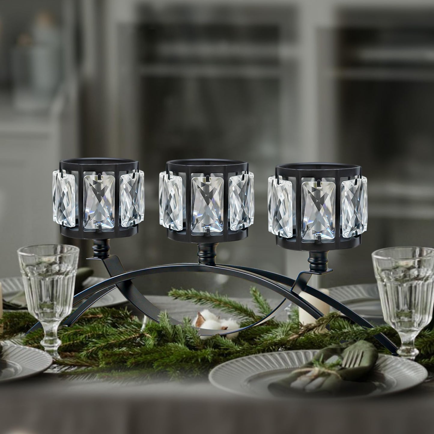 3 Arms Crystal Bowl Tealight Candelabra Votive Candle Stand, Wedding centerpieces for Tables Crystal Candlestick，Centerpiece Table Decorations (Black)