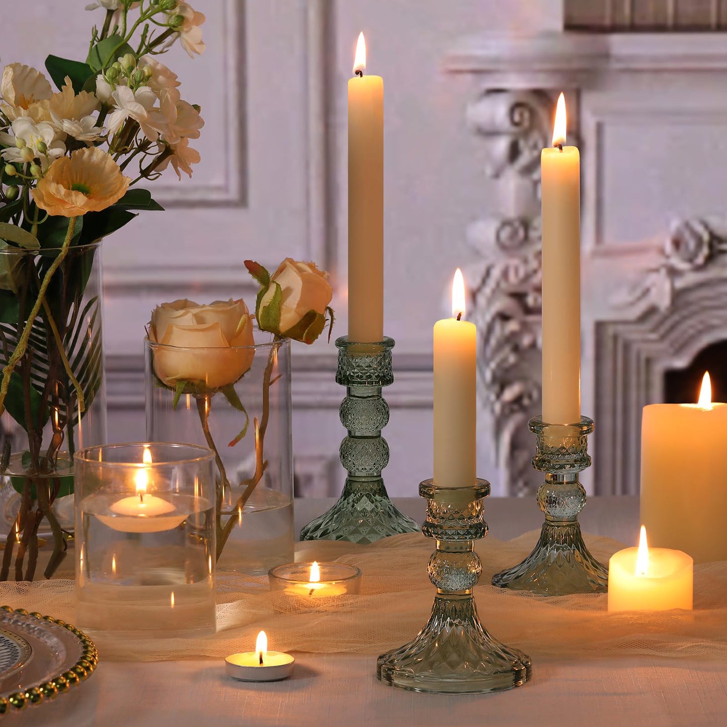 DARJEN Green Glass Candlestick Holders Set of 6, 4" H & 5" H Taper Candle Holders for Candlesticks & Pillar Candles, Diamond Candle Holders for Wedding Party Table Centerpiece, Home Decor