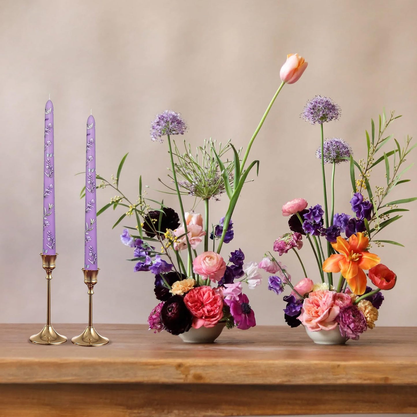 Printed Taper Candle - Baleagcdl Purple with Lavender Floral Long Candlesticks Handmade 10 Inch Drip Candle Sticks for Wedding Dinner Decor Holiday Gifts Set of 2
