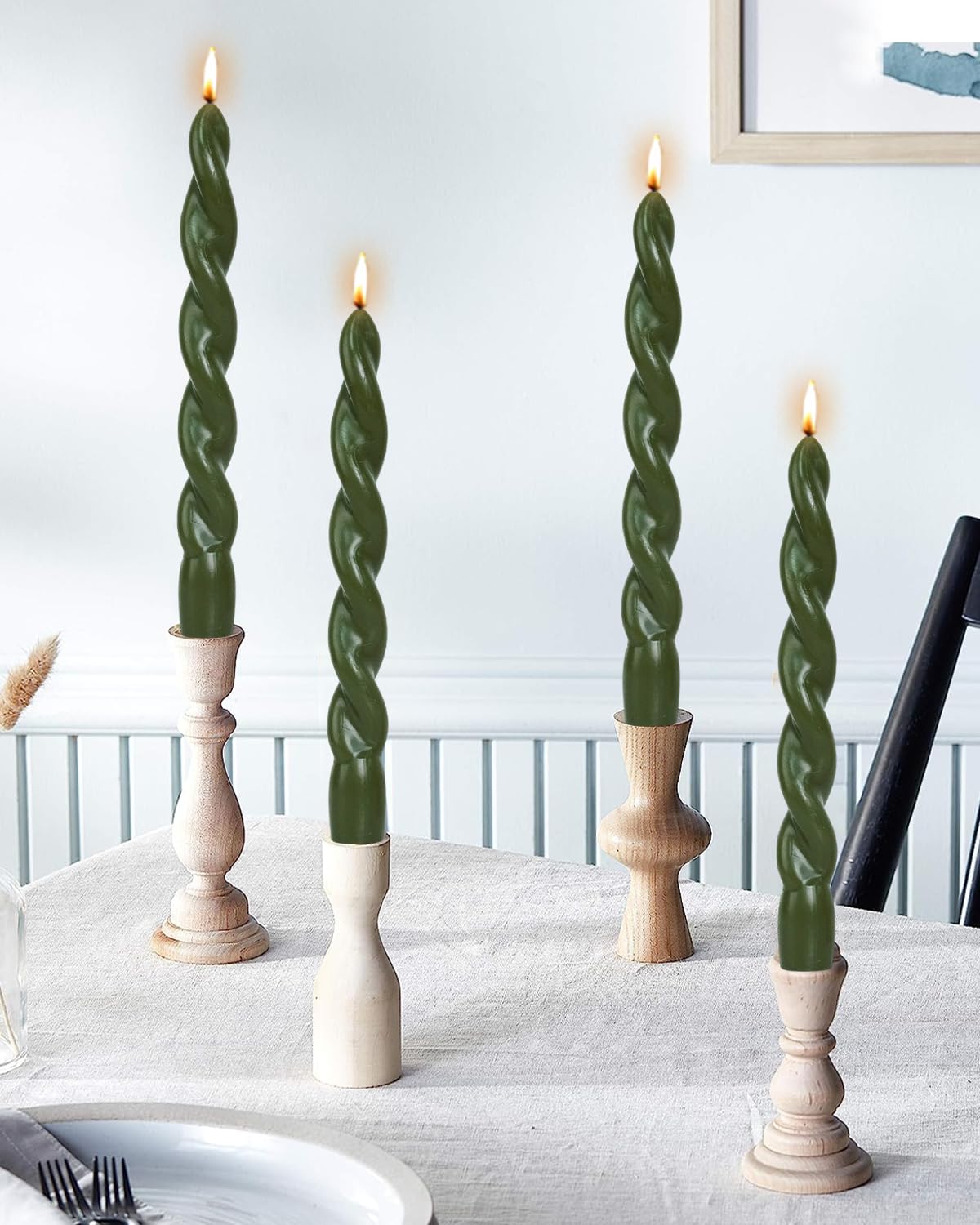 Olive Green Spiral Taper Candle Twisted Candlesticks Unscented Smokeless for Holiday Dinner Party Christmas Decorations-7.5inch-4pack