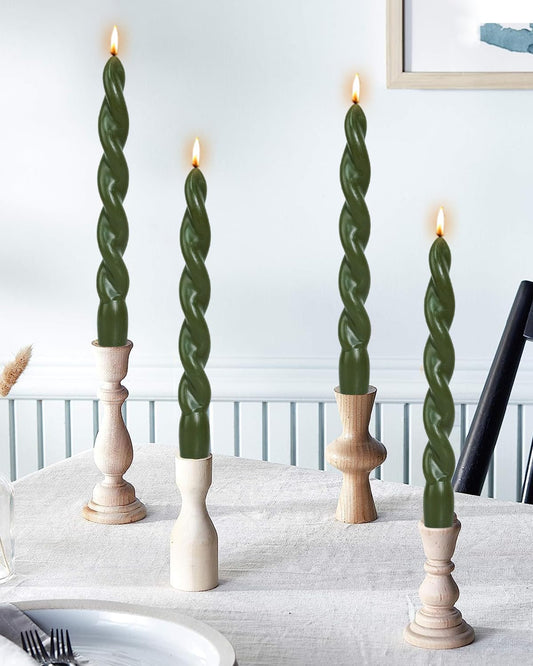 Olive Green Spiral Taper Candle Twisted Candlesticks Unscented Smokeless for Holiday Dinner Party Christmas Decorations-7.5inch-4pack