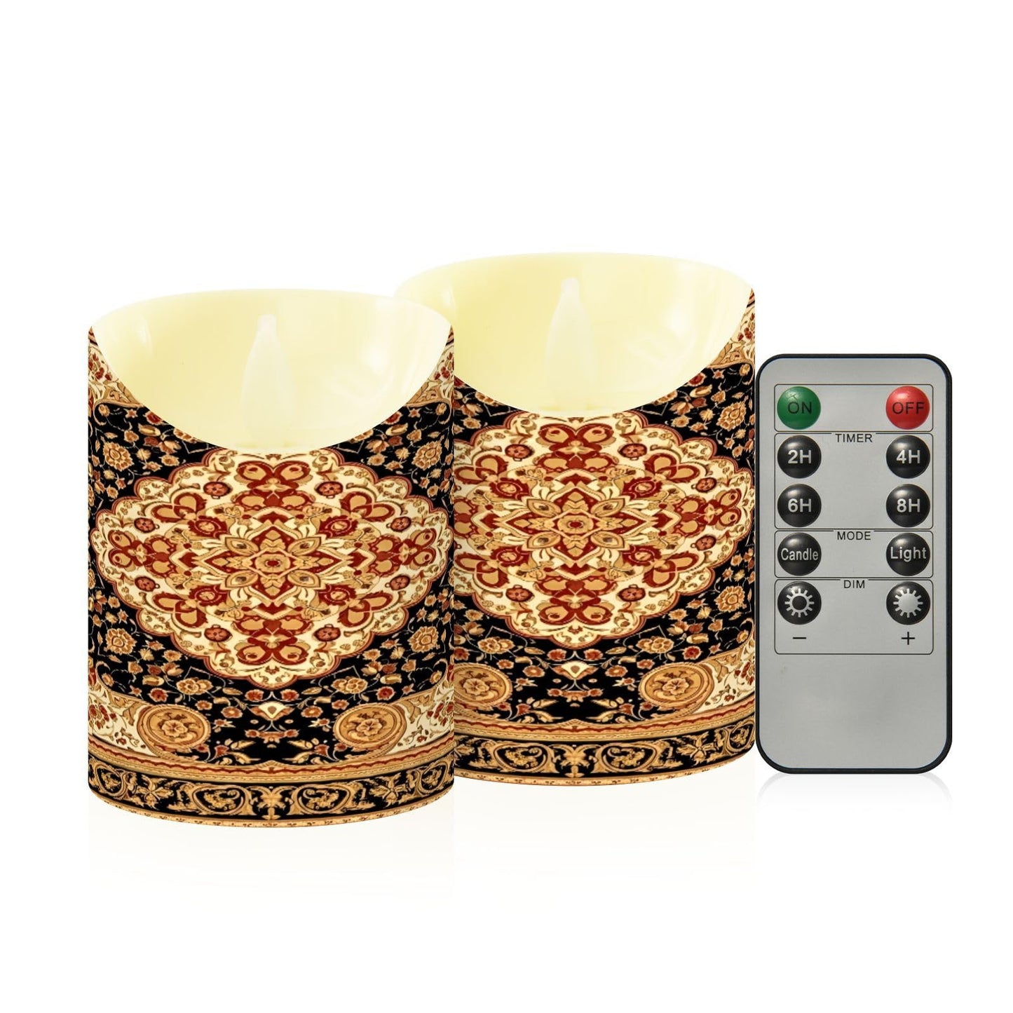 Gravopti Oriental Medallion 2 Pack Flameless LED Pillar Candles with Remote & Timer, Battery Operated, Flickering Wax Candle for Wedding, Romantic Home & Party Decor