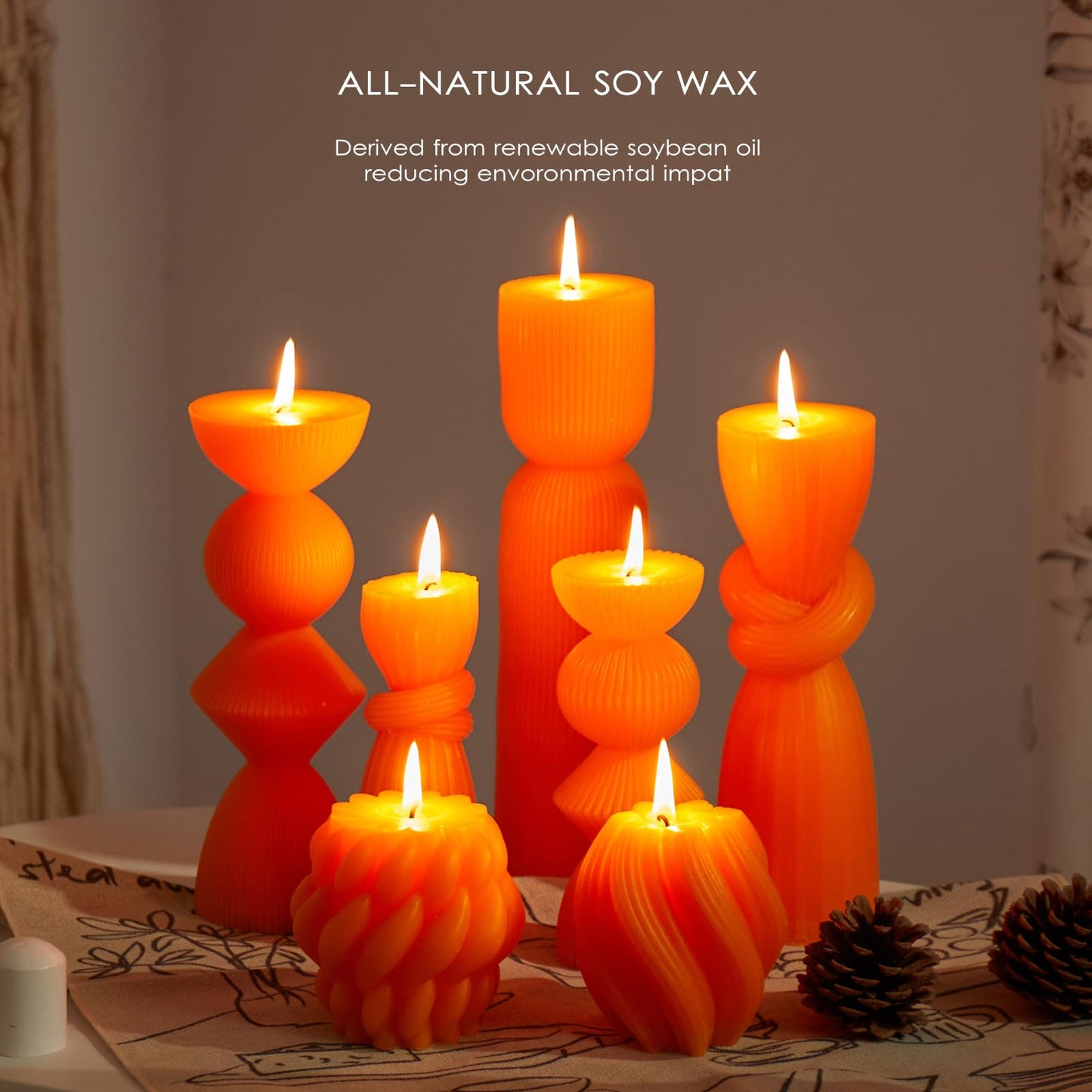 7 Pcs Large Ribbed Pillar Candles - Handmade Soy Wax Candles for Home Decor, Modern Shelf Decor, Housewarming Gift, Aesthetic Room Decor (Orange)
