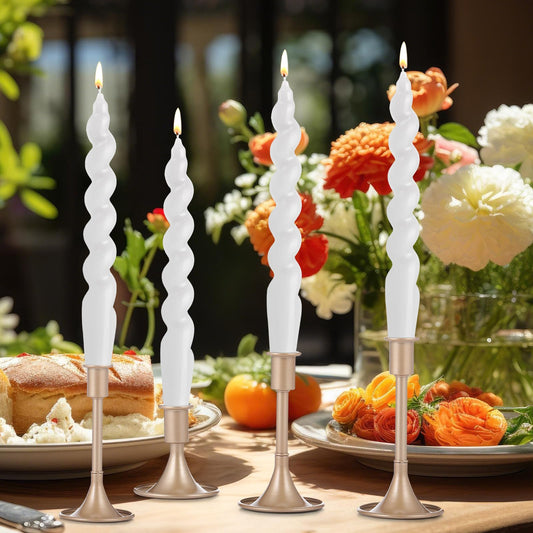 Zhengmy 4 Pcs Bright White Spiral Taper Candle 7 Inch Twisted Long Wax Dinner Candlestick for Fall Halloween Christmas Holiday Valentines Wedding Birthday Baby Shower Table Decor(Solid)