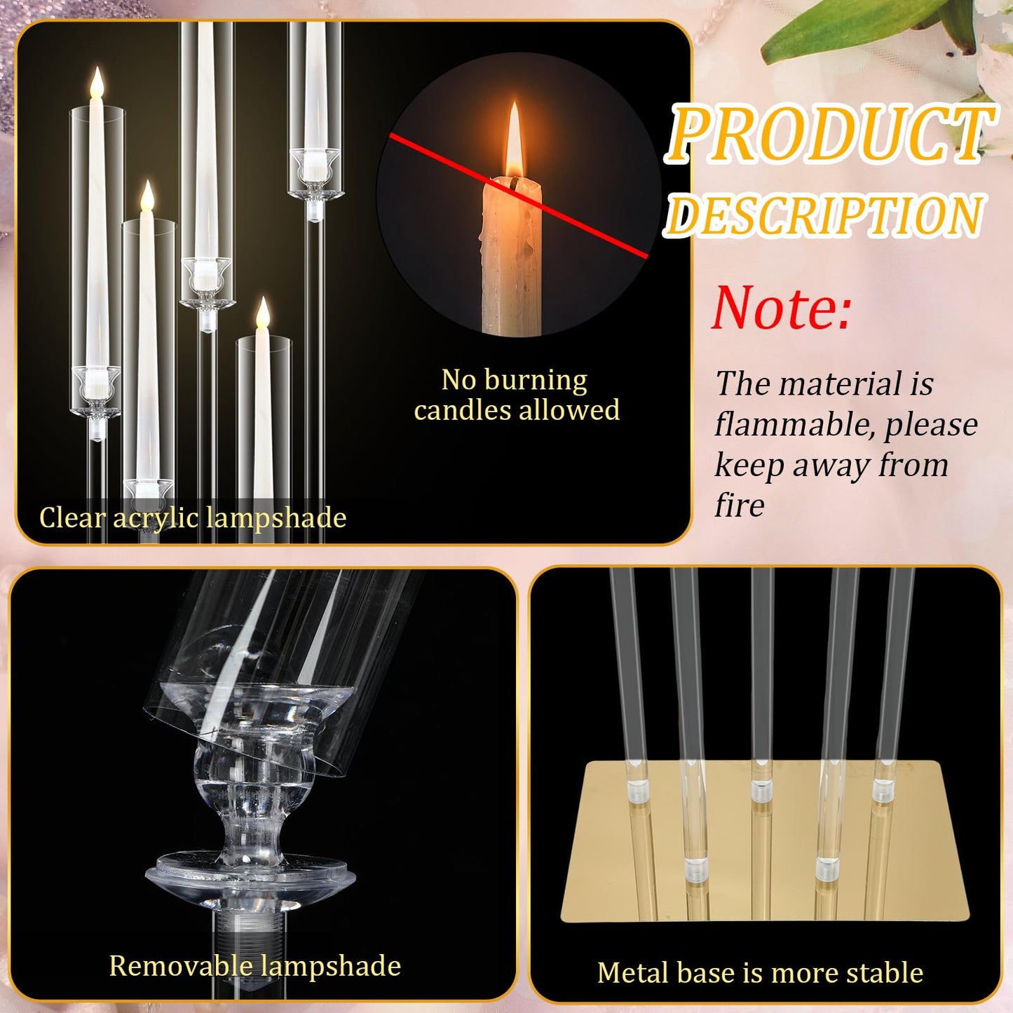 4 Set Floor Candelabra 5 Arm 46.5'' Tall Acrylic Candle Holders Tables Candelabra Centerpieces Wedding Candlestick Set with Clear Lampshade Gold Metal Base for Ceremony Party Home Decoration
