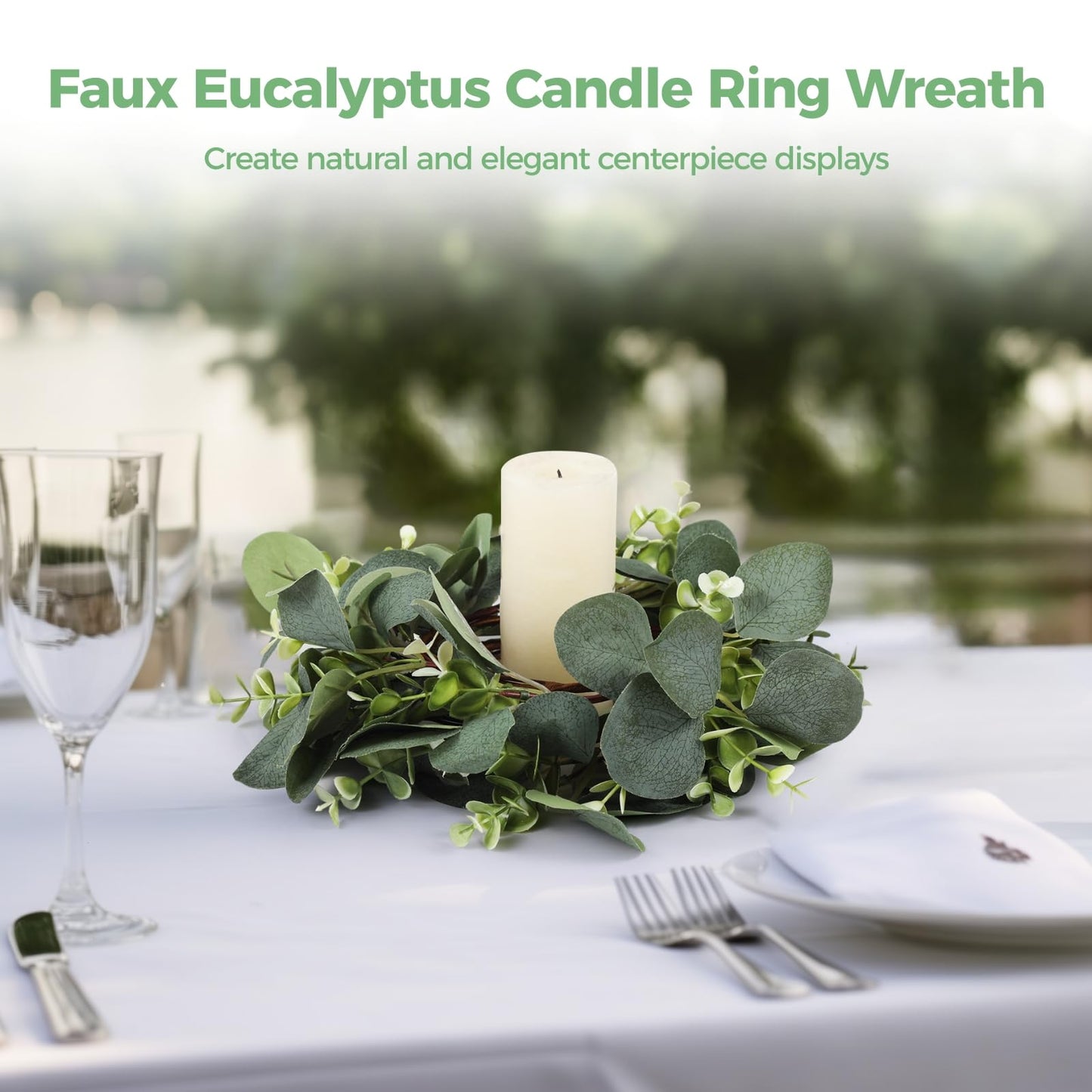 Wedding Candle Rings Wreaths, 20 Pcs Artificial Eucalyptus Leaves Wreaths for Summer, Spring and All Seasons, Green Eucalyptus Leaves for Home Decoration Rustic Farmhouse Decor Party Home Table Decor