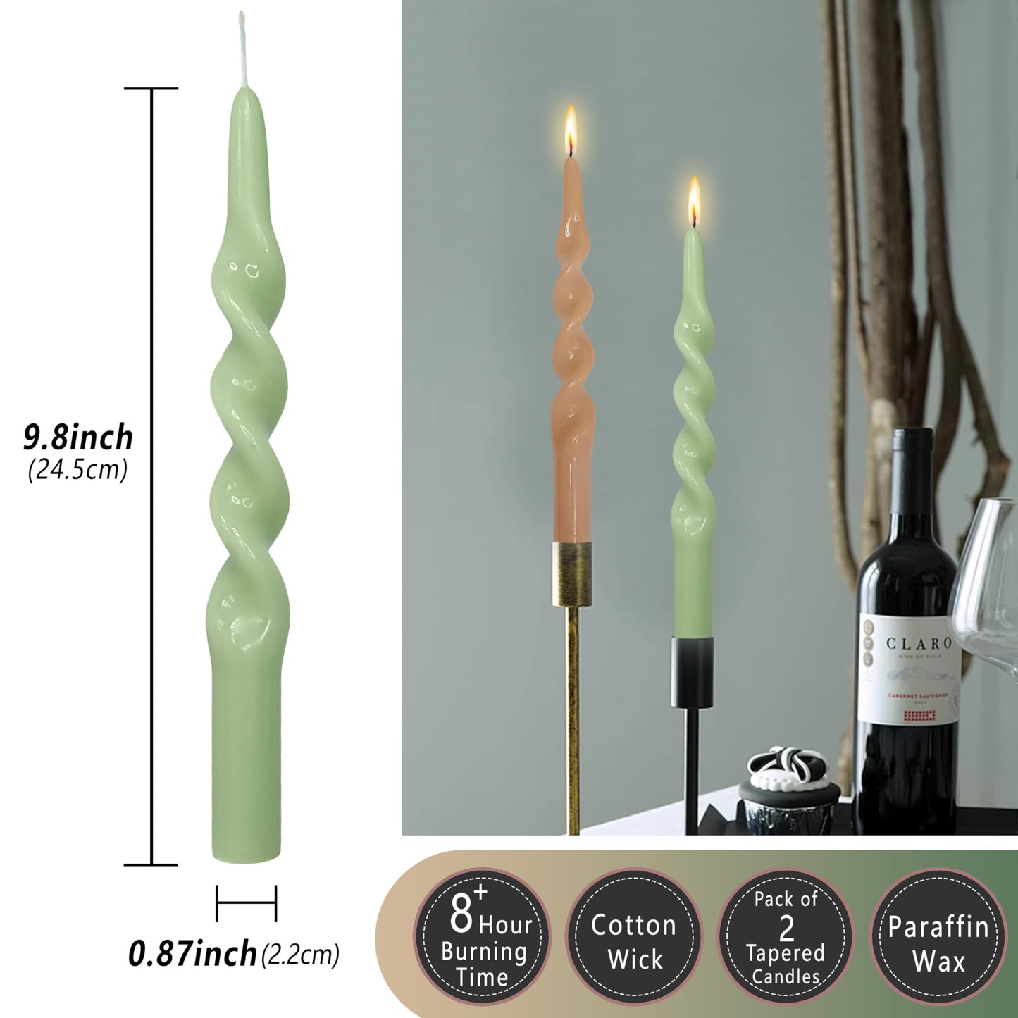 XINAOBAOLUO Spiral Taper Candles Twisted Candlestick 10 Inch Tall Candle Stick Smokeless Wax Candle Unscented Long Candles for Home Decoration Holiday Wedding Party, Brown & Green
