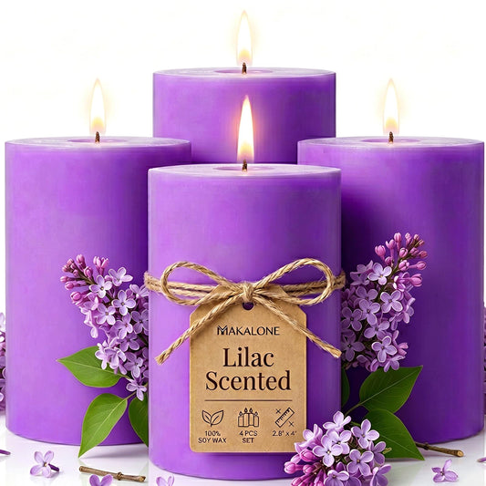 4 Pack Lilac Scented Soy Pillar Candle 2.8x4In,240H Long Burn,Natural Spring Floral Aromatherapy Hand-Poured Candles for Stress Relief,Relaxation & Home Decor,Mother’s Day Gifts,Smokeless & Non-Toxic