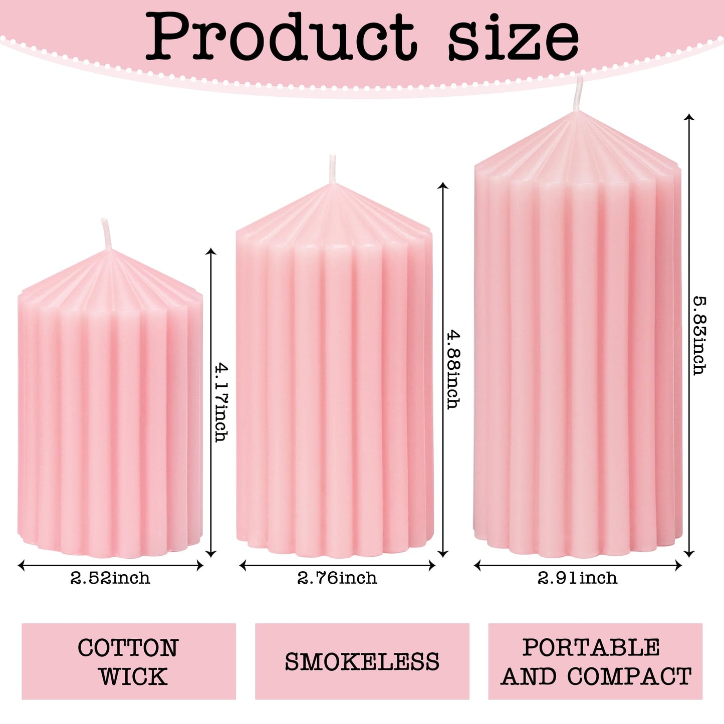 3 Pack Pink Ribbed Pillar Candles - Soy Wax Unscented Candles, 2.76x4.2/4.9/5.9 Inch Smokeless Non Toxic Cotton Wick, Perfect Spring Pillar Candles for Home Decor, Bathroom, Spa & Wedding