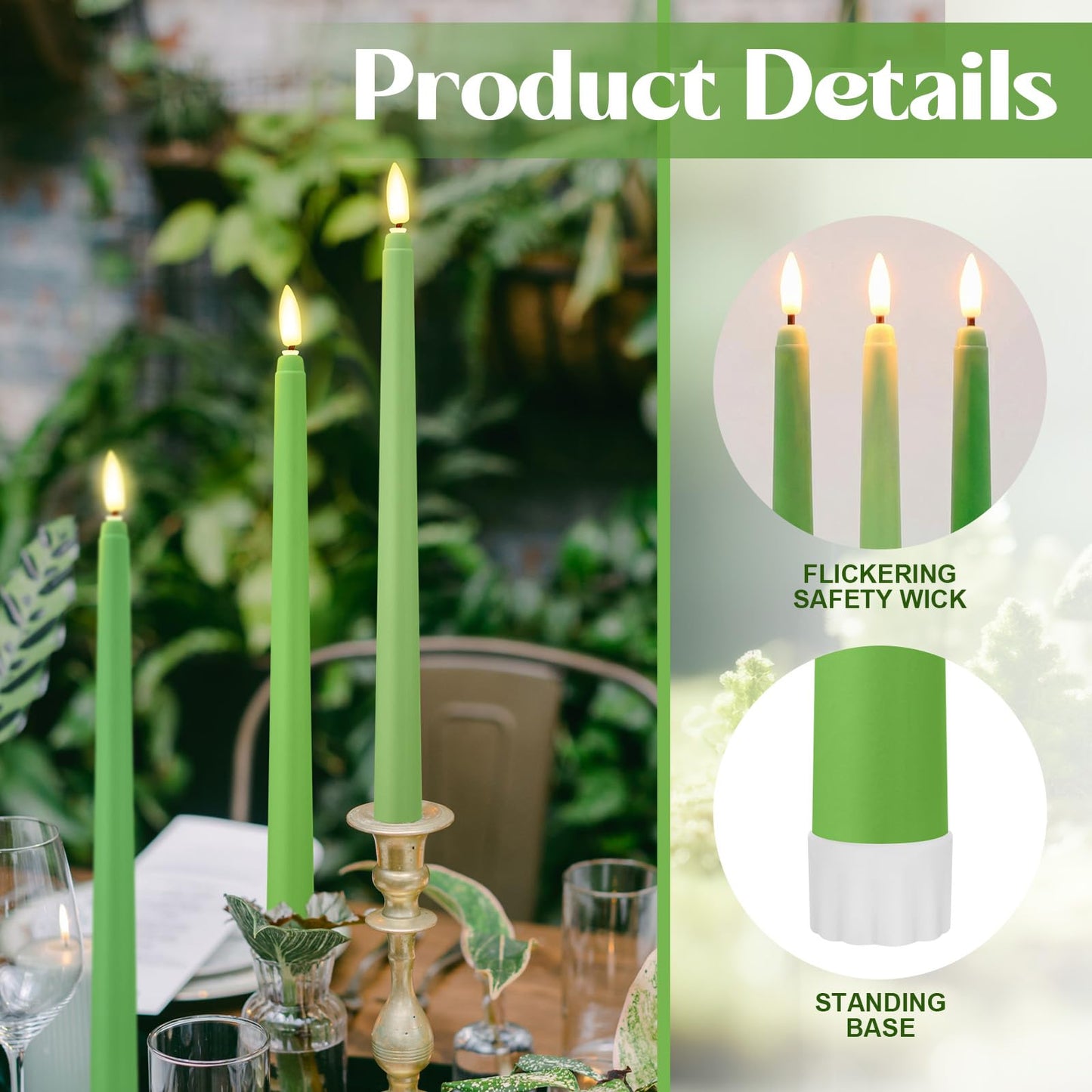 Macarrie 24 Packs Flameless Taper Candles Battery Operated Fake 11 Inch Long Candlelight LED Flameless Candlesticks Flickering Tapered for Spring Summer Wedding(Spring Green)