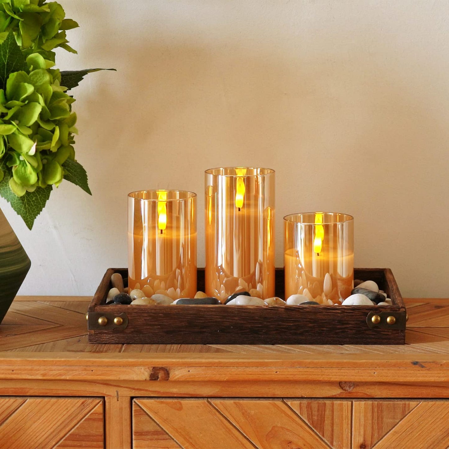Homemory Amber Glass Flameless Candles, Battery Operated LED Pillar Candles with Remote Control and Timer, Radiance Candles, Real Wax, Set of 3,D3 xH4 5" 6"
