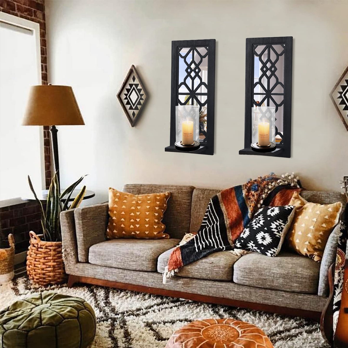 ZEXUIRU 2 Set Rustic Candle Sconces Living Room Bedroom Entryway Wood Mirrored, Farmhouse, Carved Frame Wall-Mount Wooden Candle Holders Wall Decor Hanging Handmade Holder - Black