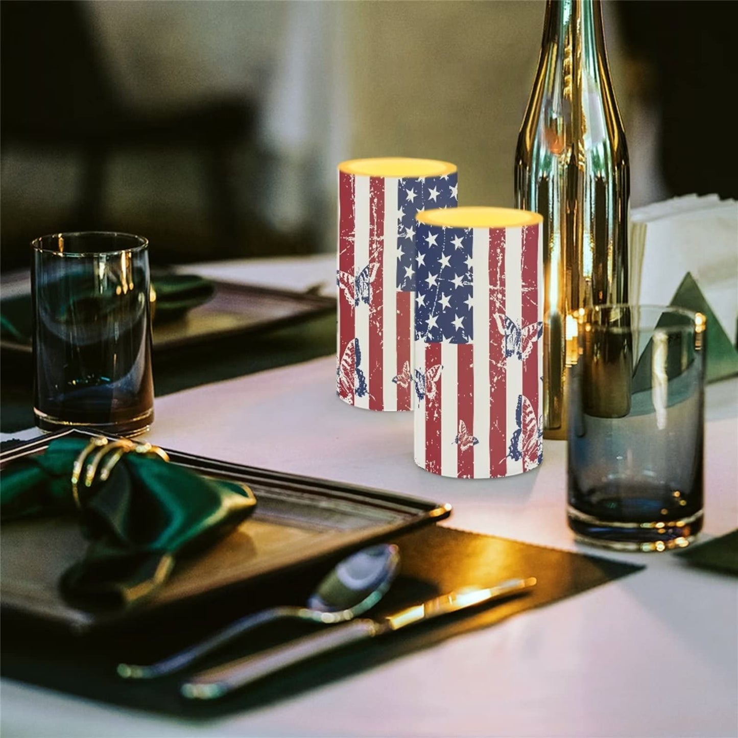 Cozeyat US Flag Print Flameless Candles 2 Pieces Tealights Battery Operated,Flickering Realistic Votive Tea Lights Moving Wax Pillar Electric Candles for Parties,Home Decoration
