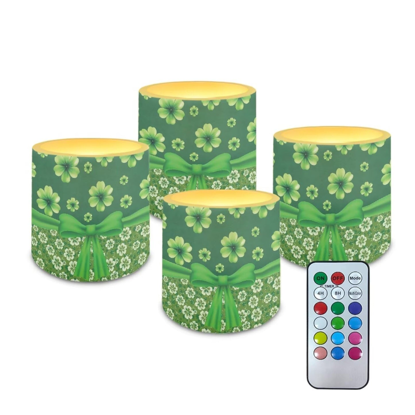 Merkmak 4 Pcs Flickering Flameless Candles with Remote Battery Operated Pillar Candles with Timer St Patrick's Day Shamrocks Ribbon Print LED Pillar Tealights for Patio Banquet Home Decor
