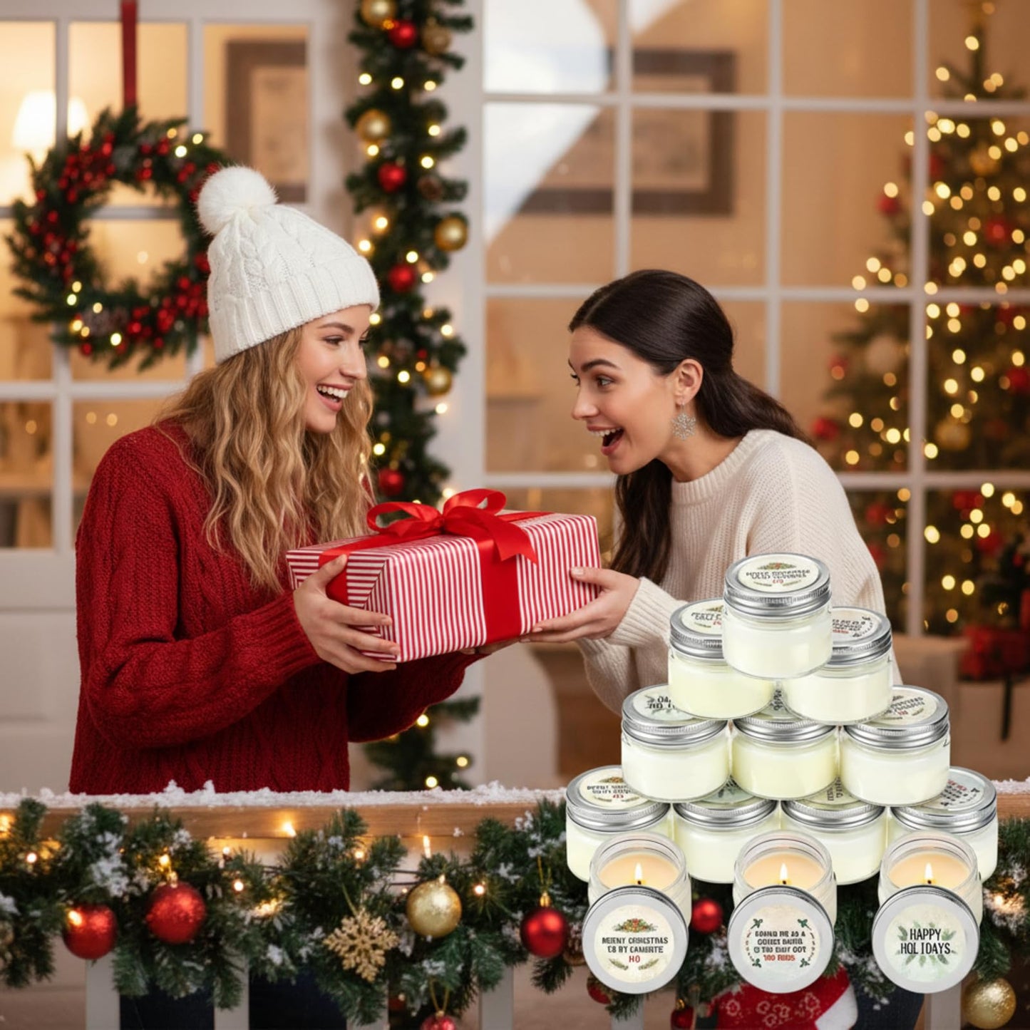 Conelist 12 Pcs Christmas Candle Jar Gift Bulk Mason Jar Christmas Scented Candle Mini Small Soy Wax Aromatherapy Gifts Xmas Stocking Stuffers for Neighbor Women Friends Christmastide Gifts